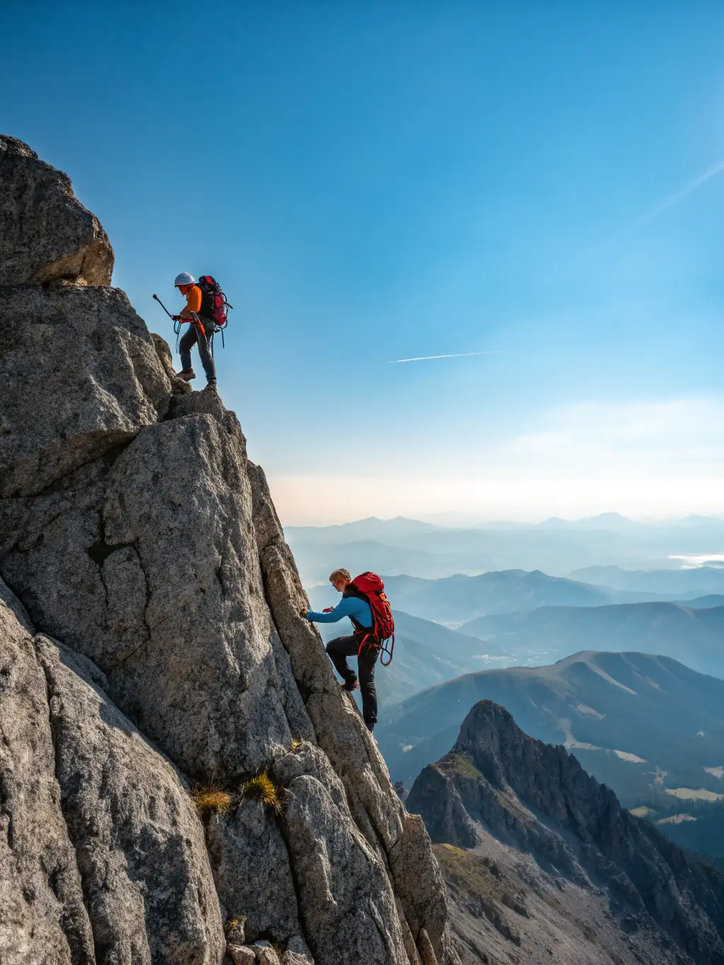 A breathtaking image of a mountain climber ascending a snow-capped peak in the Himalayas, showcasing the challenging terrain and stunning panoramic views, to depict the mountain climbing exploration type offered by Lizana World Travel.