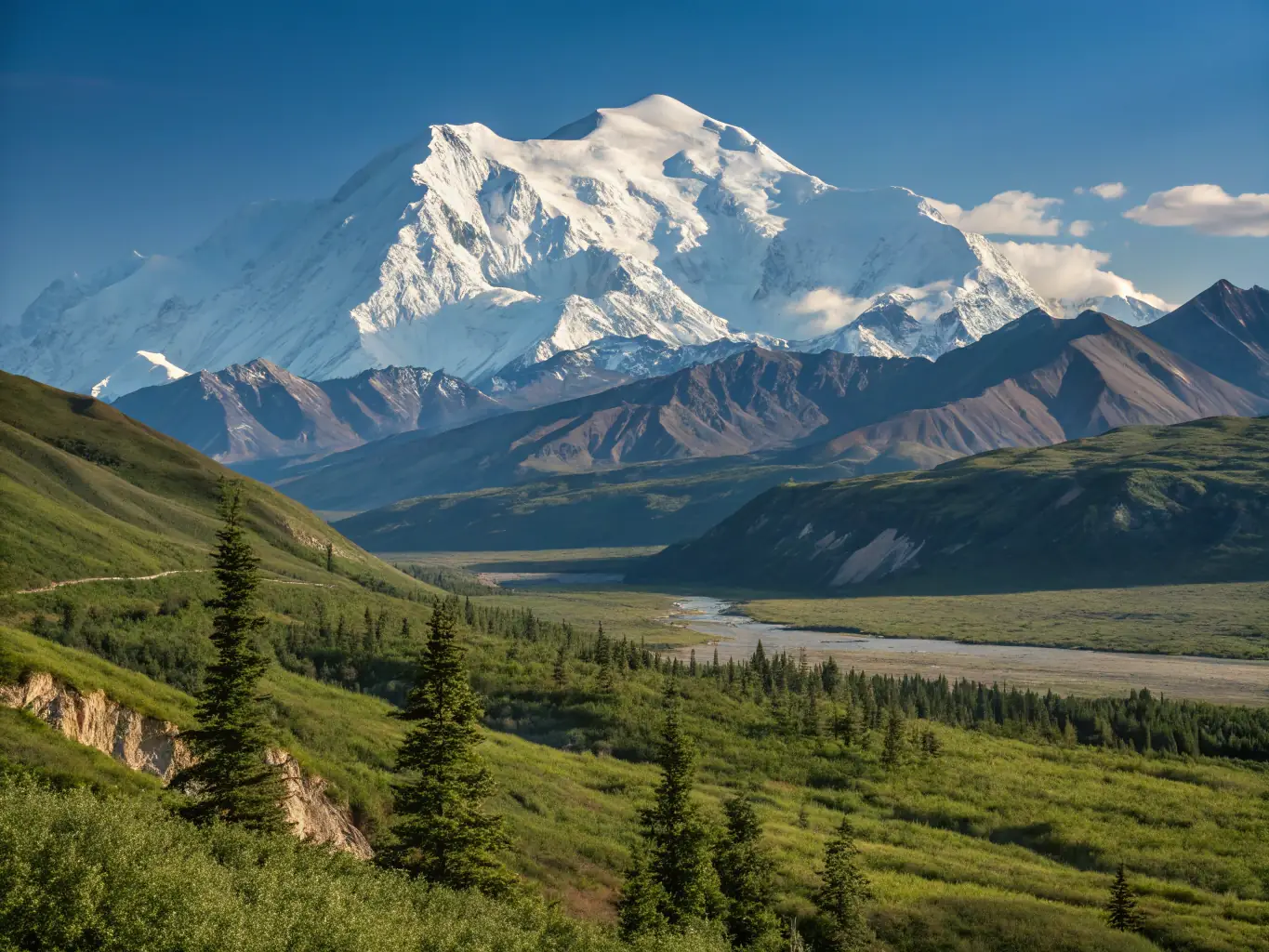 A breathtaking view of Denali National Park in Alaska, featuring snow-capped mountains, glaciers, and a vast wilderness landscape.