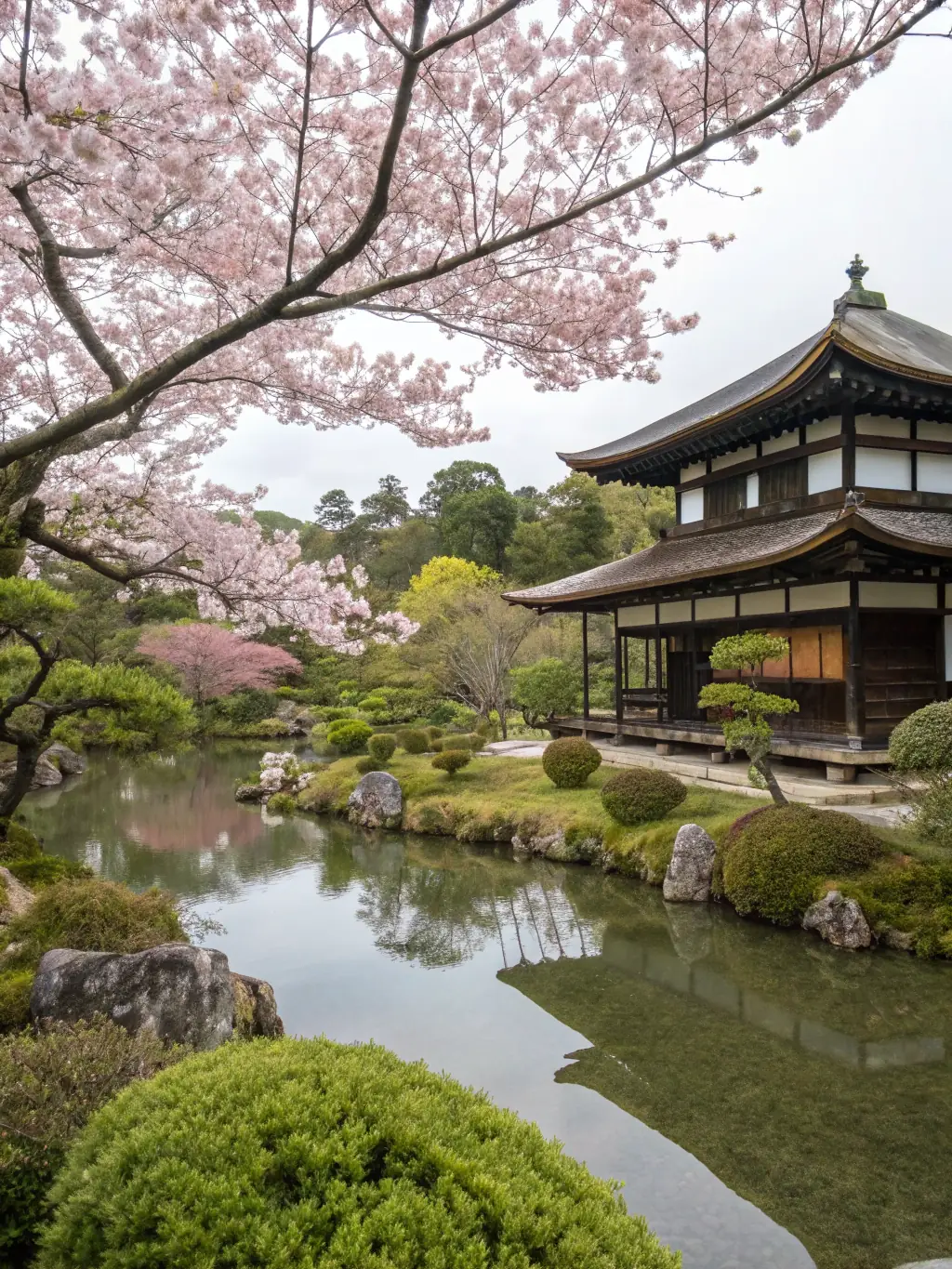 A captivating image of cherry blossoms in Kyoto, Japan, with traditional temples and gardens in the background, representing a cultural and scenic destination.