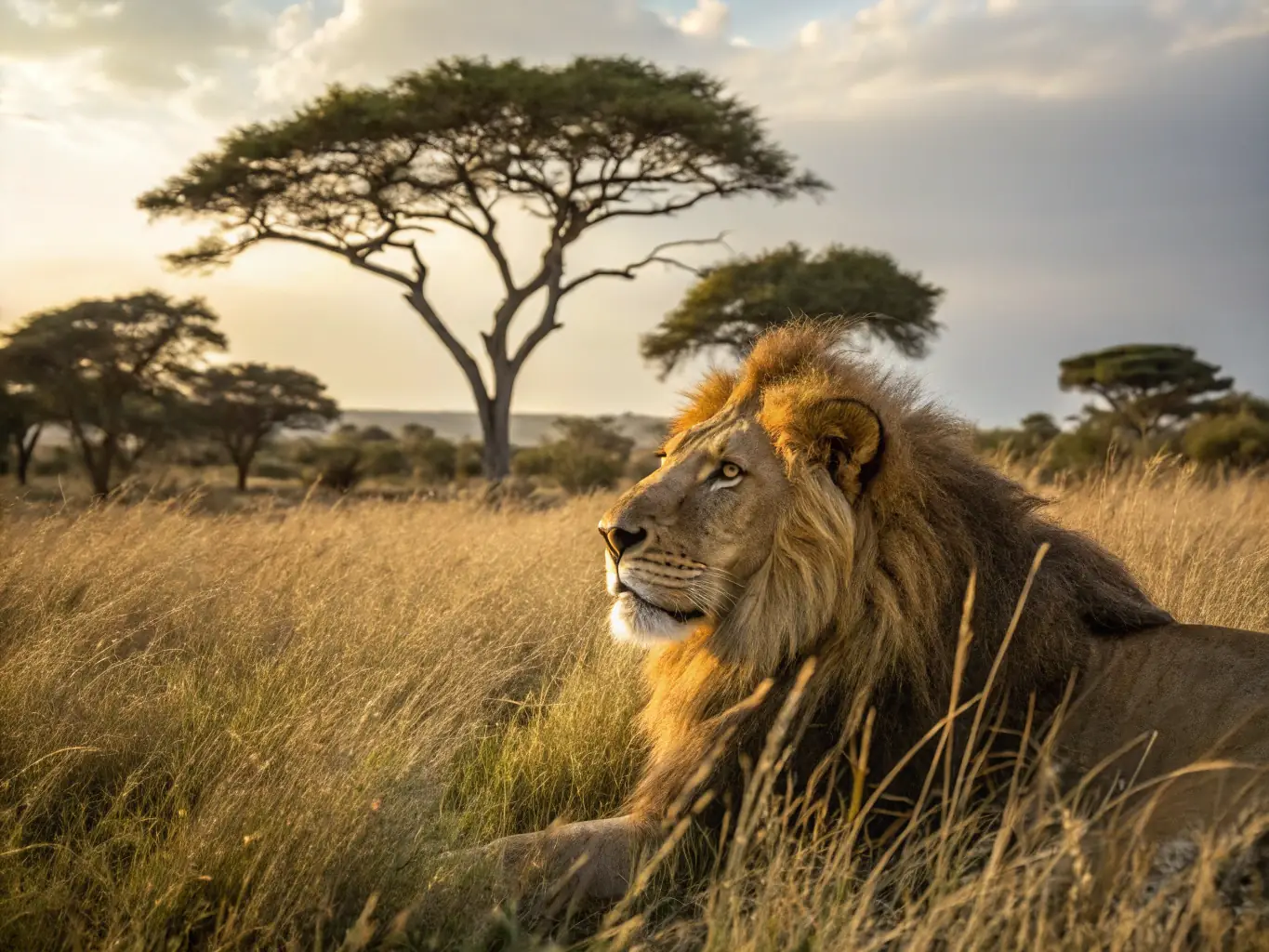 An awe-inspiring image of an African safari, featuring a majestic lion in its natural habitat, surrounded by vast grasslands and acacia trees, highlighting the thrill and beauty of wildlife exploration.