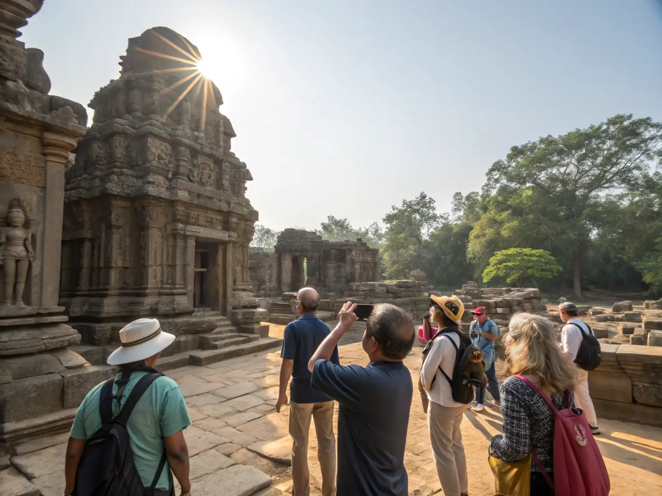 A group of travelers exploring ancient ruins during a guided tour, highlighting Lizana World Travel's group tour services.