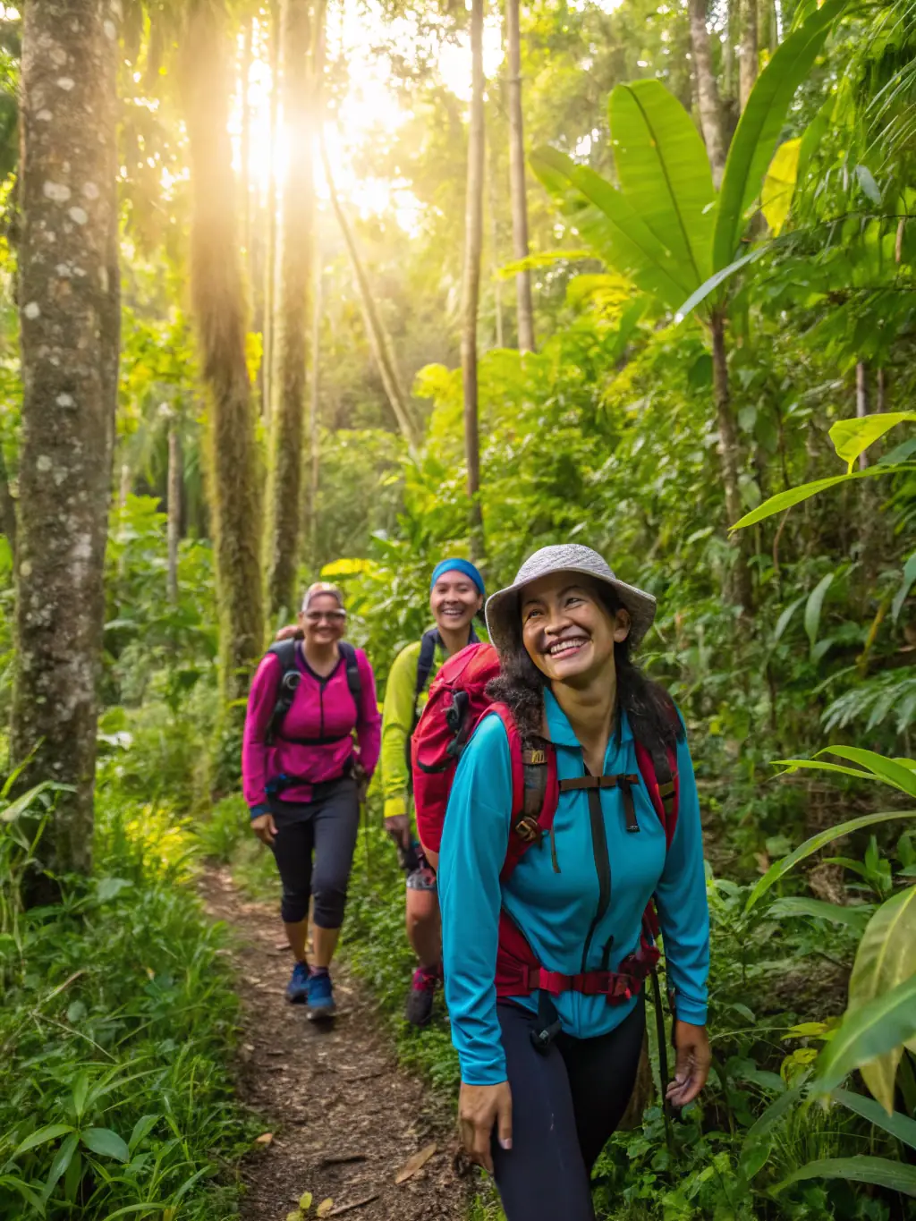 A vibrant photograph capturing a group of explorers trekking through the dense Amazon rainforest, showcasing lush greenery, towering trees, and a sense of adventure, to illustrate the jungle trek exploration type offered by Lizana World Travel.