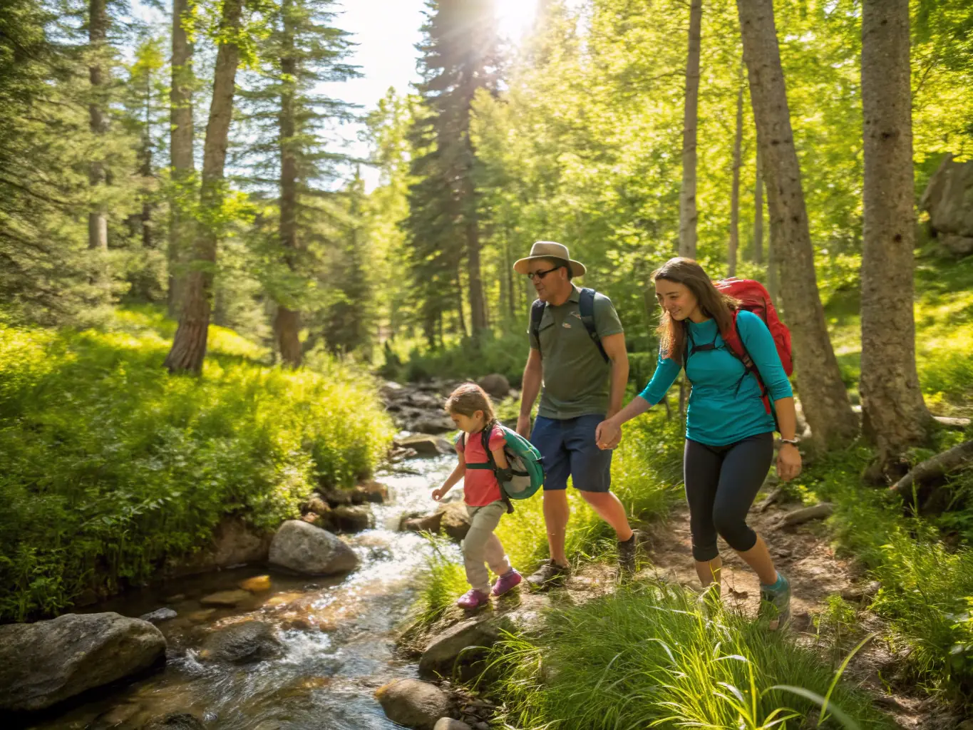 A joyful family exploring a scenic landscape with children engaging in outdoor activities, showcasing Lizana World Travel's family adventure packages.