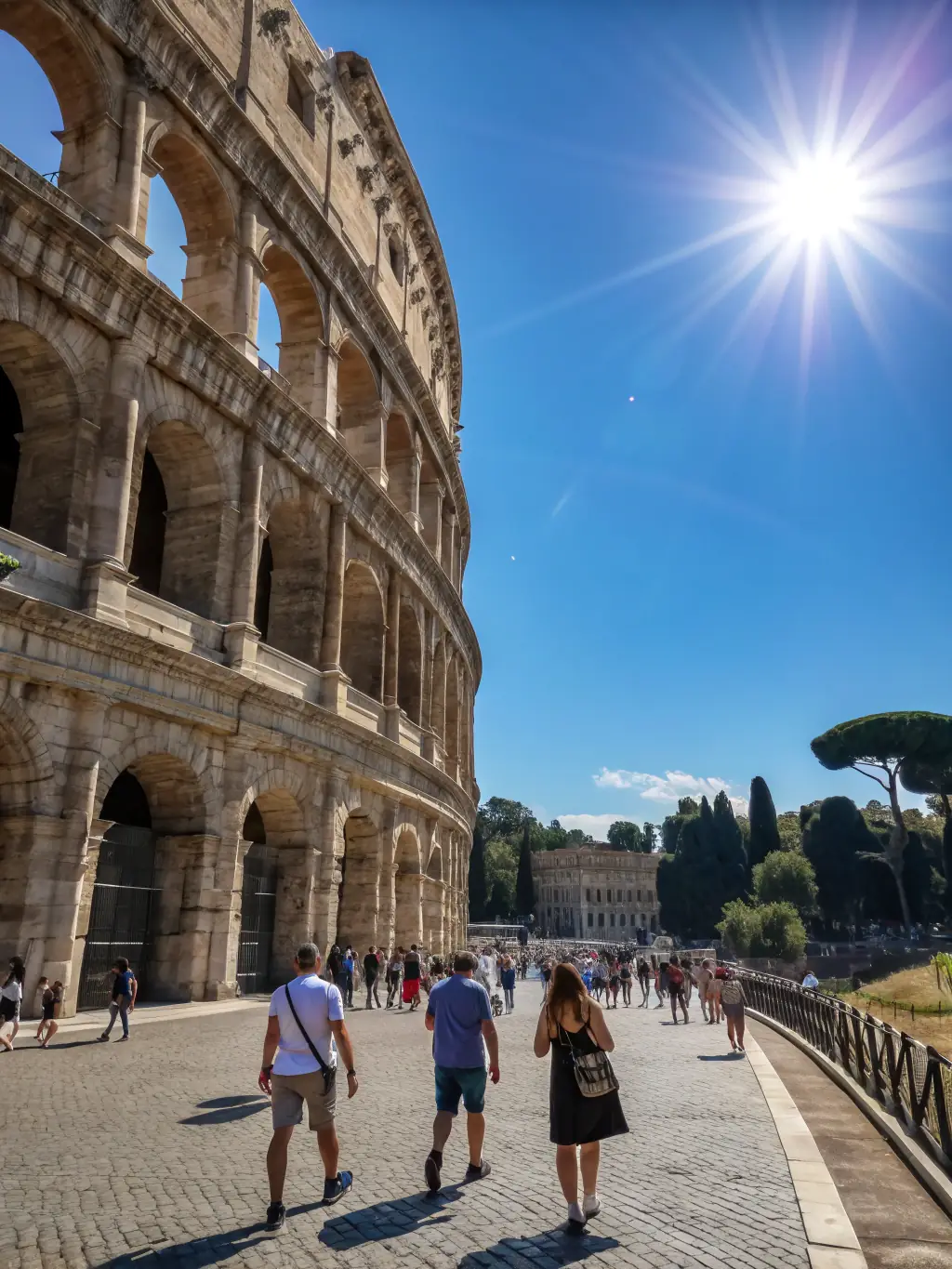 A vibrant image of the Colosseum in Rome, Italy, with tourists exploring the ancient ruins under a sunny sky, showcasing a popular historical destination.