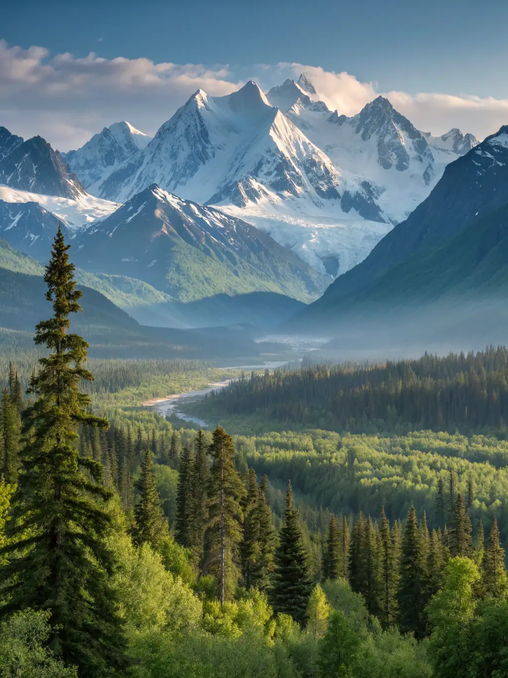 A breathtaking view of Denali National Park in Alaska, featuring snow-capped mountains, lush forests, and diverse wildlife, highlighting an adventurous destination.