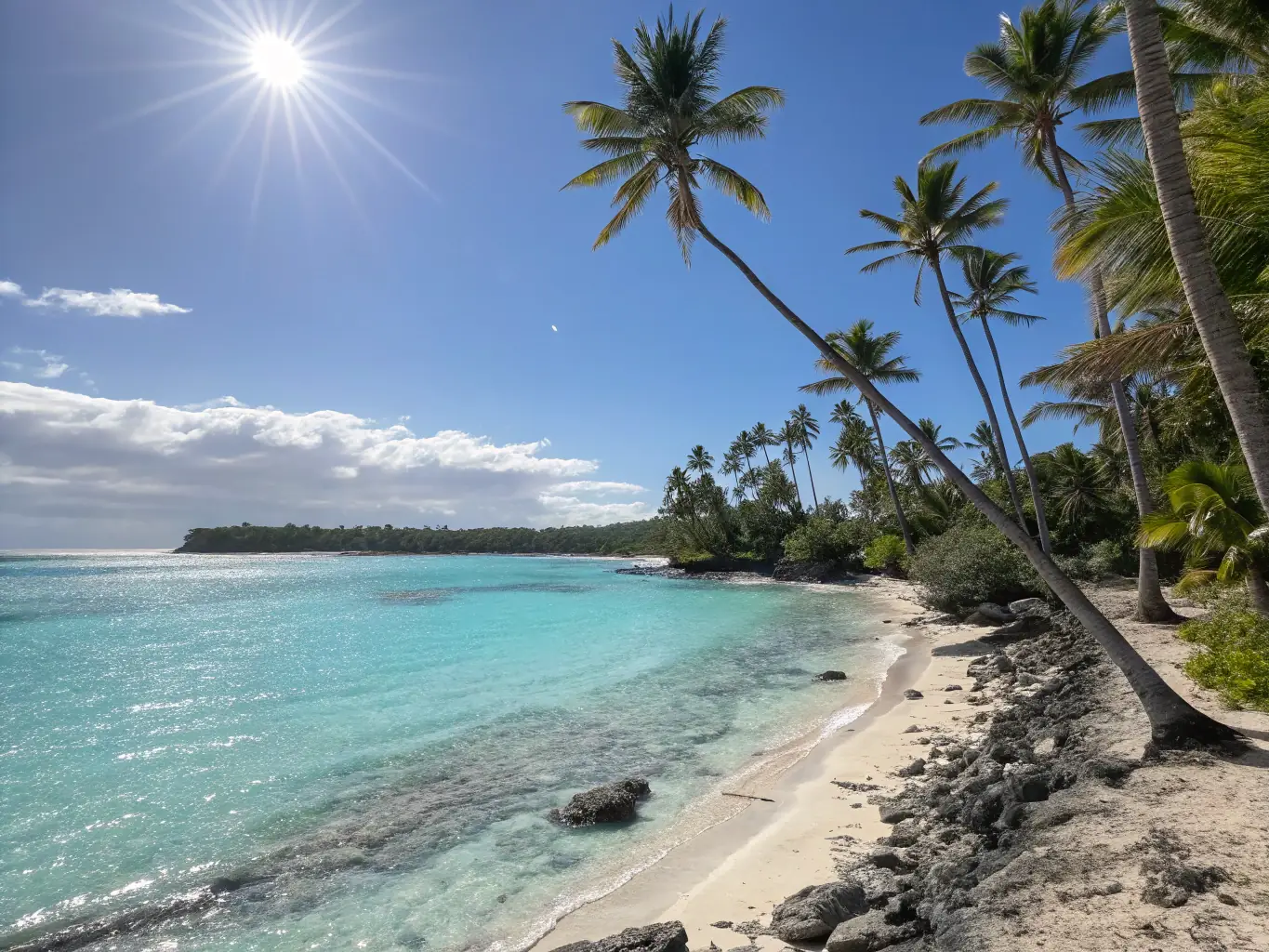 A stunning photograph of a pristine beach in the Caribbean, featuring turquoise waters, white sand, and lush palm trees, evoking a sense of relaxation and tropical paradise.