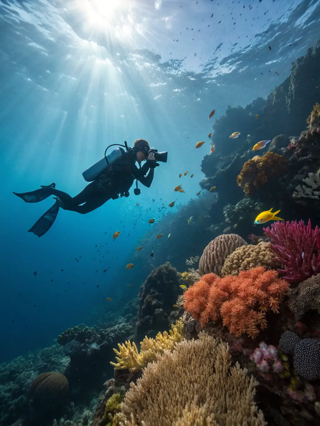 An underwater photograph featuring a diver exploring a vibrant coral reef in the Mediterranean Sea, with ancient shipwrecks and colorful marine life visible, to represent the underwater diving exploration type offered by Lizana World Travel.