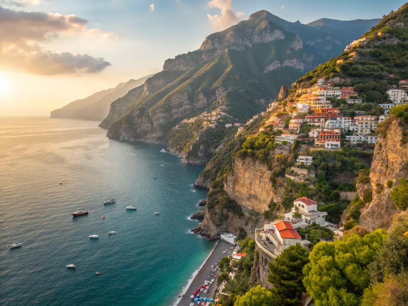 A picturesque view of the Amalfi Coast in Italy, showcasing colorful buildings perched on cliffs overlooking the turquoise sea, with a boat sailing in the distance.
